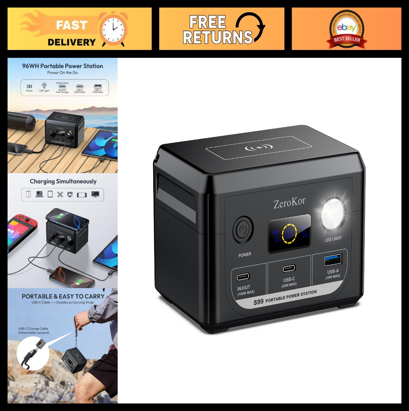 100W Portable Power Station, 96Wh Generator, 30000mAh Battery, USB C Fast Charge