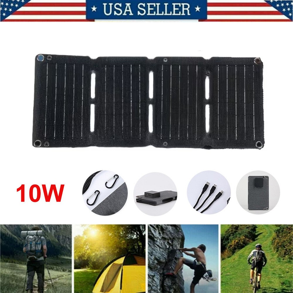 10W Foldable Solar Panel Charger USB 5V Power Bank Waterproof for Camping Hiking