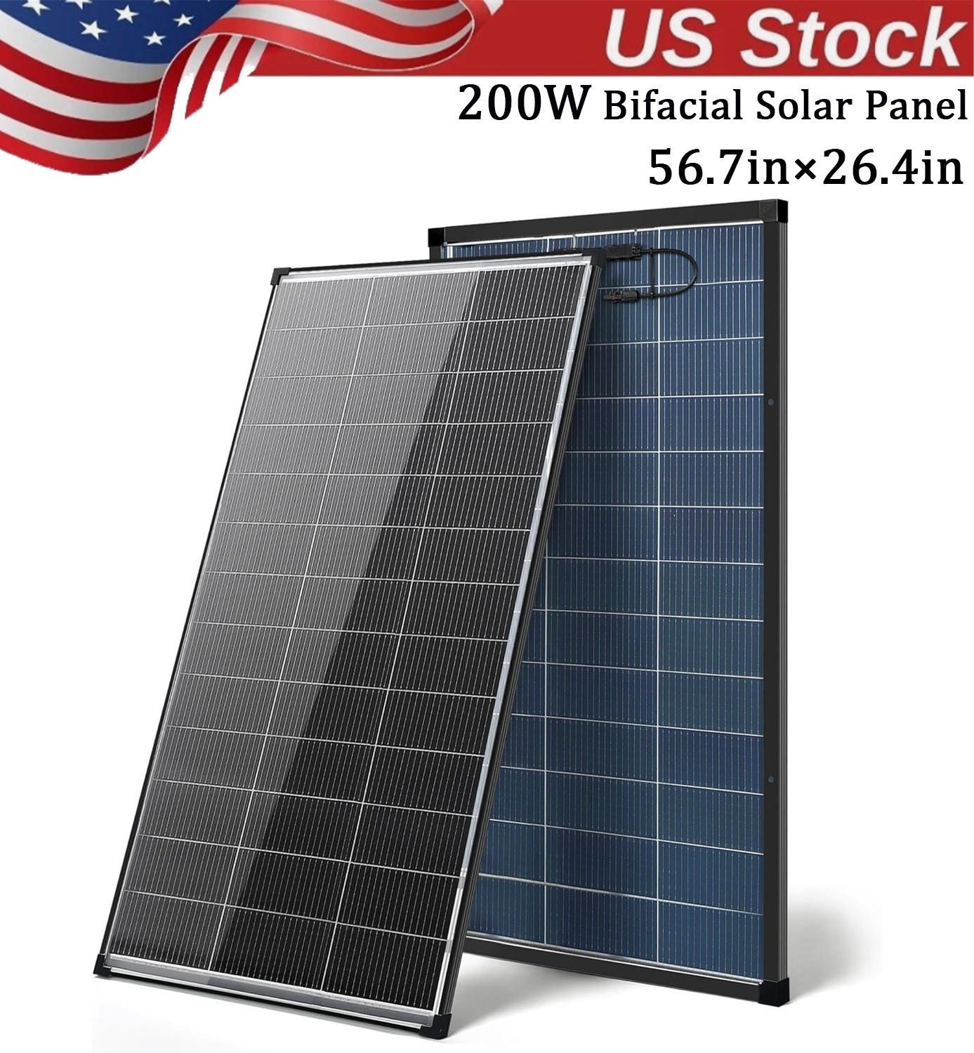 200W Solar Panel N-Type Bifacial Monocrystalline 12V PV Roof RV Off-Grid US