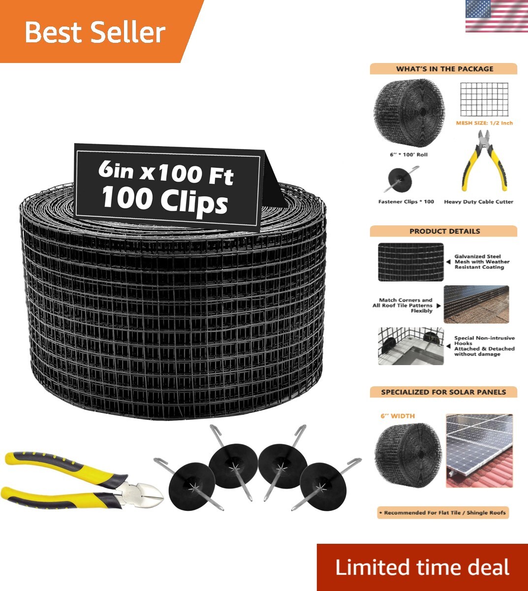 100FT Solar Panel Bird Guard – Rust-Resistant Mesh with 100 Fastener Clips