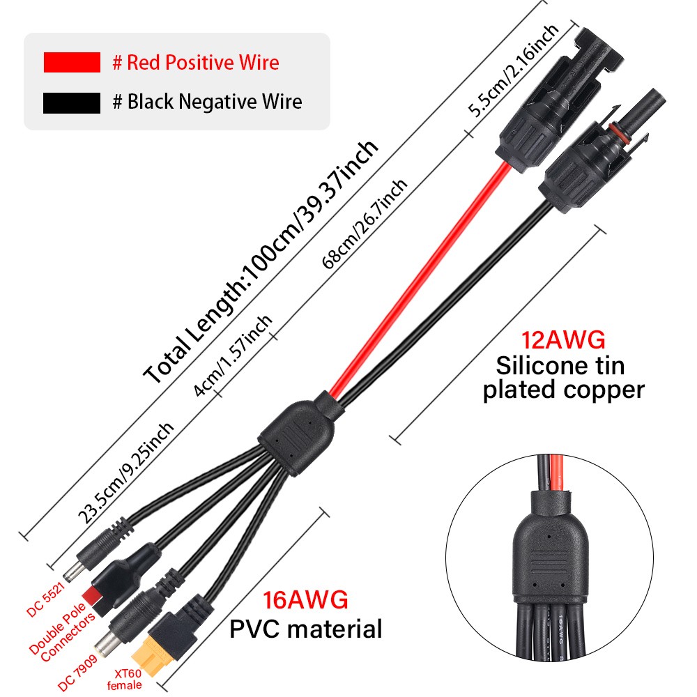 Solar Panel Extension Cable 4 In 1 DC5521 7909 XT60 Female Connector PV Wire 3ft