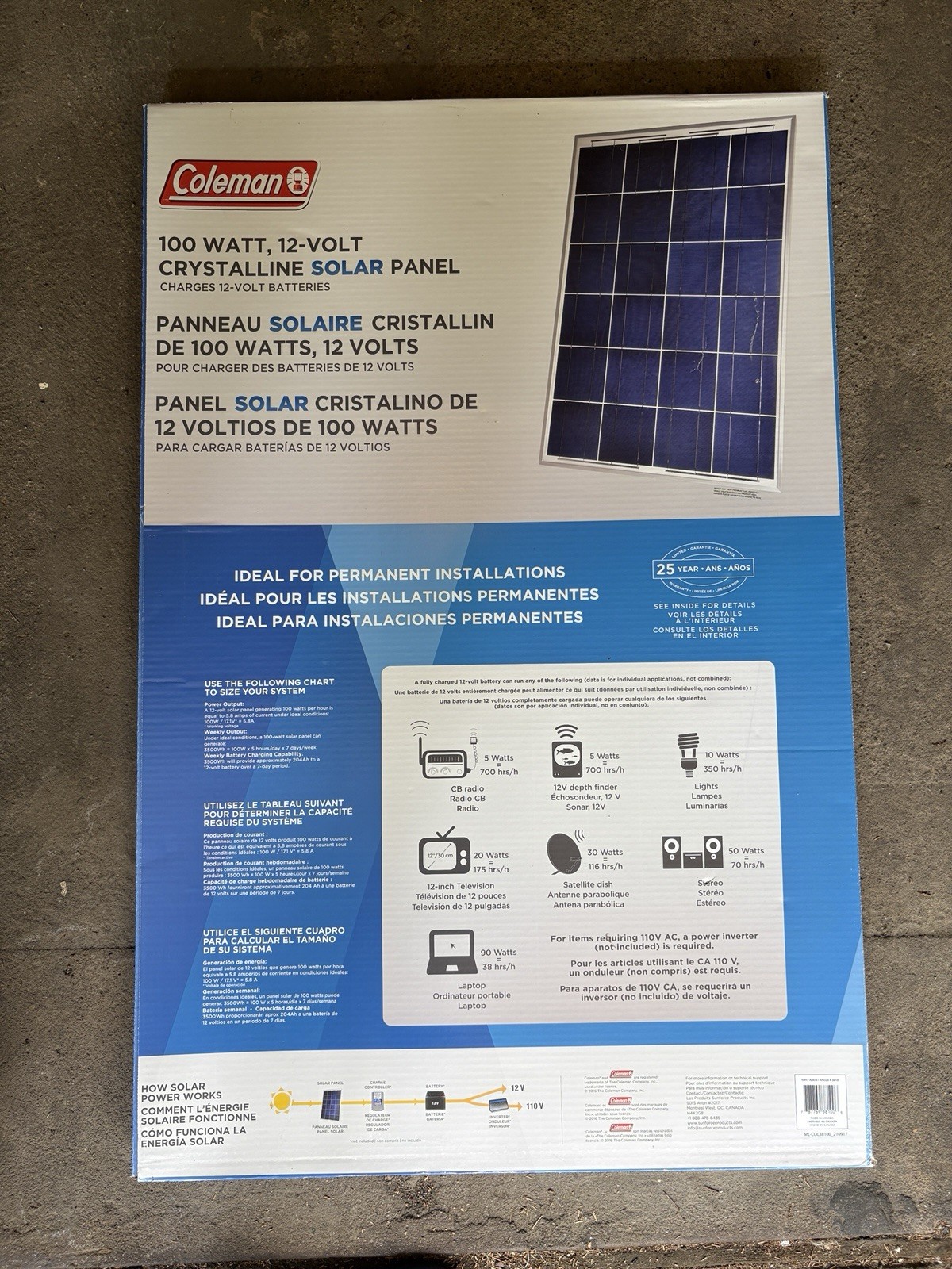 Coleman 100W 12V Crystalline Solar Panel Kit New in Box Off-Grid RV Cabin Marine