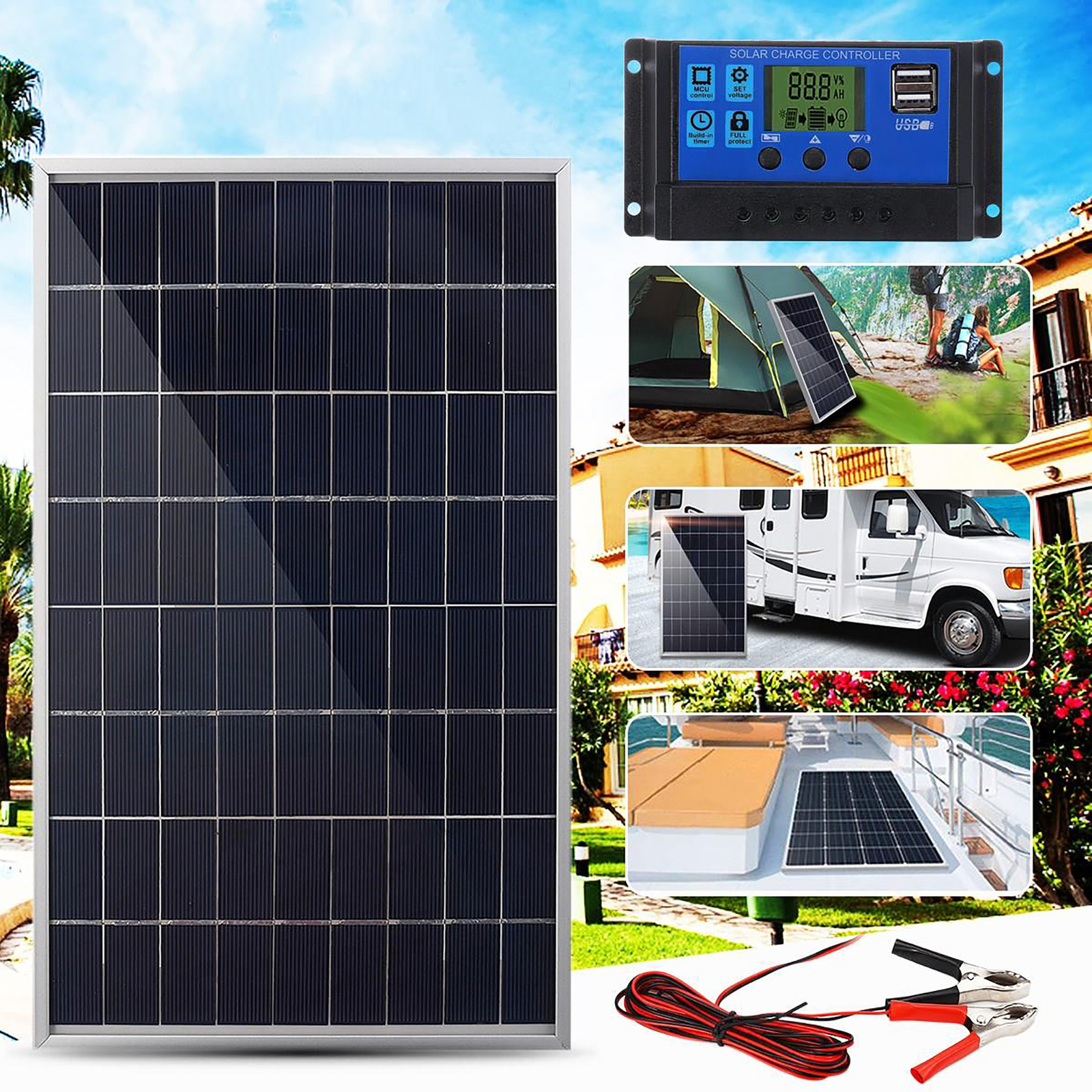 30W Solar Panel +100A Controller w/ Aluminum Frame Cell Photovoltaic Charger