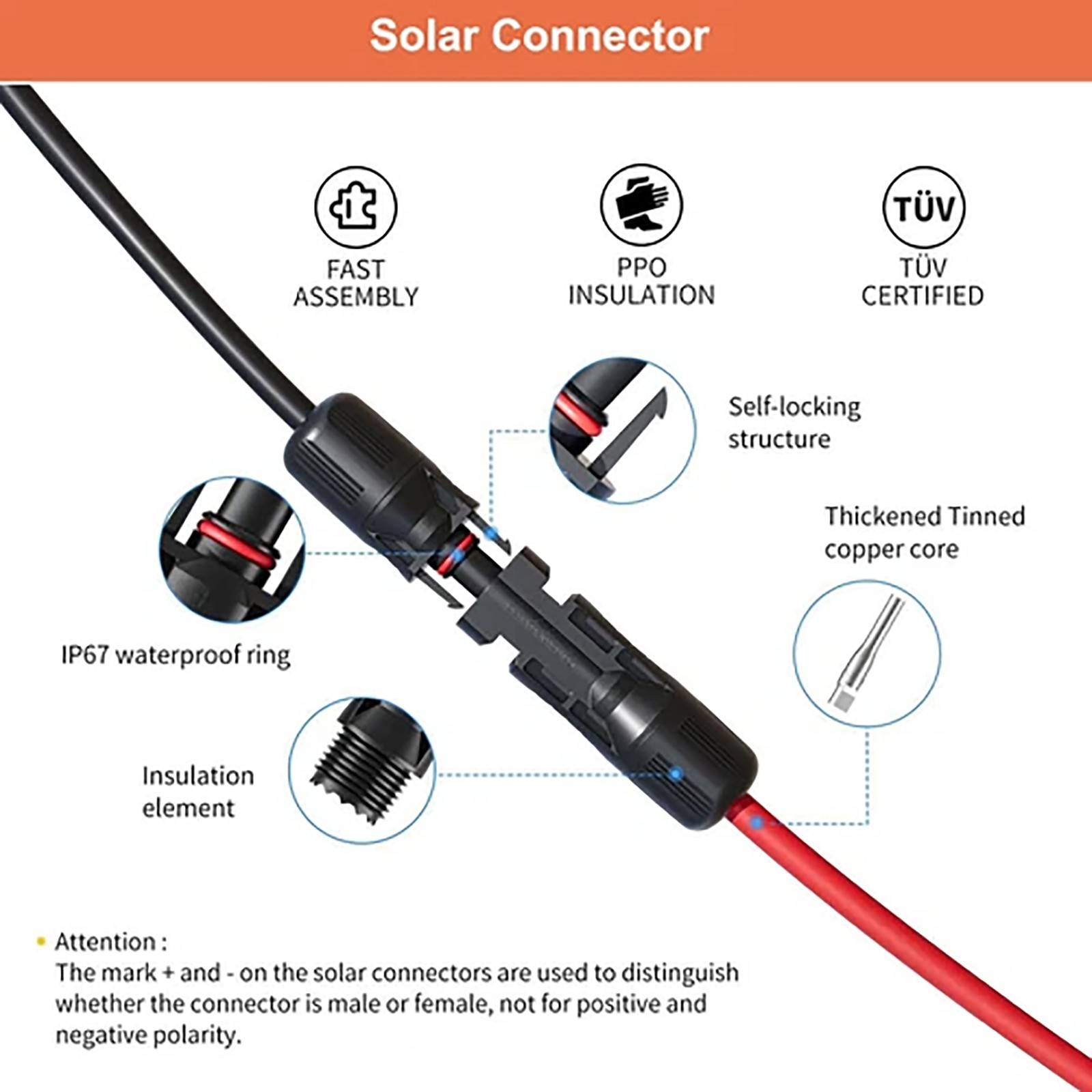 10AWG Solar Panel Extension Cable 50FT Black+Red Cable Flexible Wire Connectors