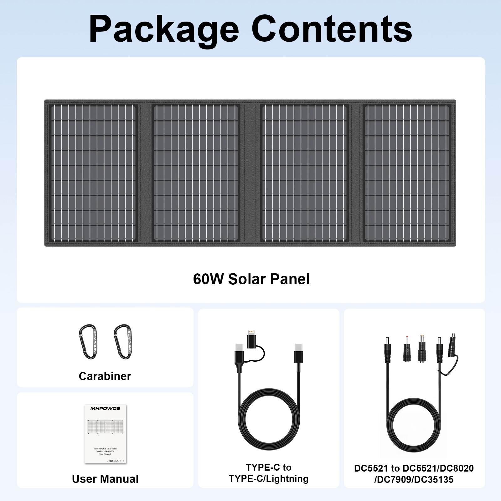 MHPOWOS Foldable 60W Mini Solar Panel Charger with USB-A USB-C Output for phones