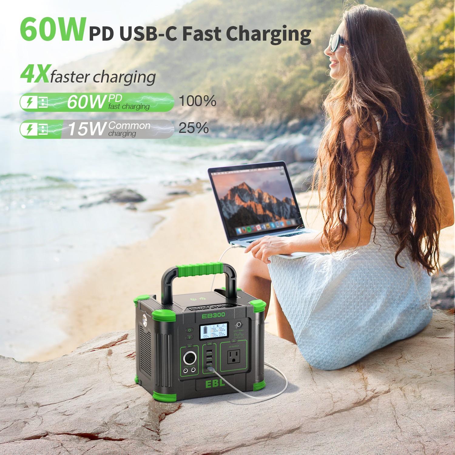 EBL 330W Portable Power Station 3.3KG Lightweight 9-Port Solar/Car/AC Charging​