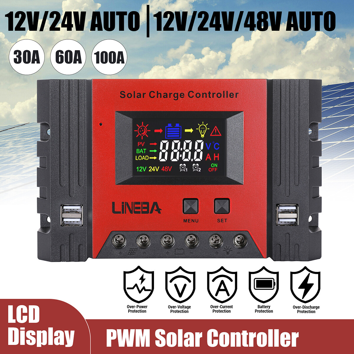 100A 12/24V 4USB Solar Panel Kit Regulator Charge Controller Auto Focus Tracking