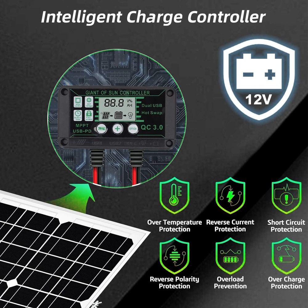 30W Solar Panel Trickle Charger 12V Solar Battery 100A W/ Controller Maintainer