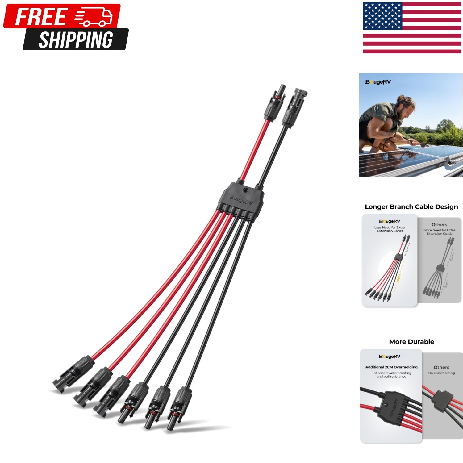 BougeRV Solar Parallel Connectors for 2-3 Solar Panels, 2 to 6 Y Branch 10AWG Ad
