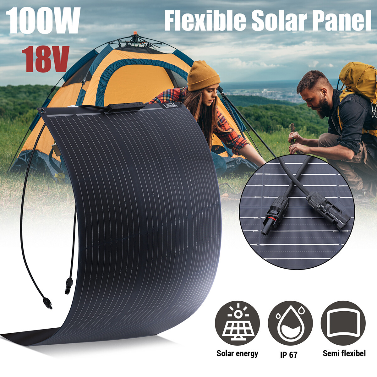 12V 100W 200W Flexible Solar Panel Portable for Camping/Home/Car Battery/Rooftop