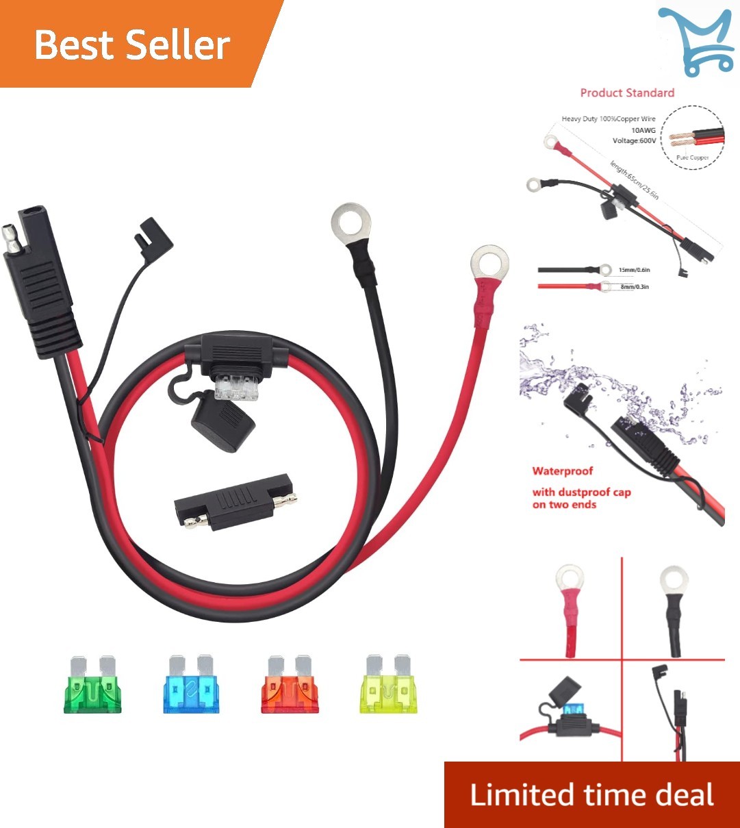 2 FT SAE Extension Cable Copper 10GA Waterproof Quick Connect with Fuse