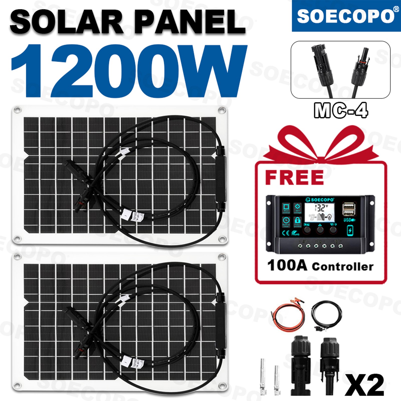 1200W 2-Panel Solar Kit – 100A Controller +Y-Cable Balcony/RV