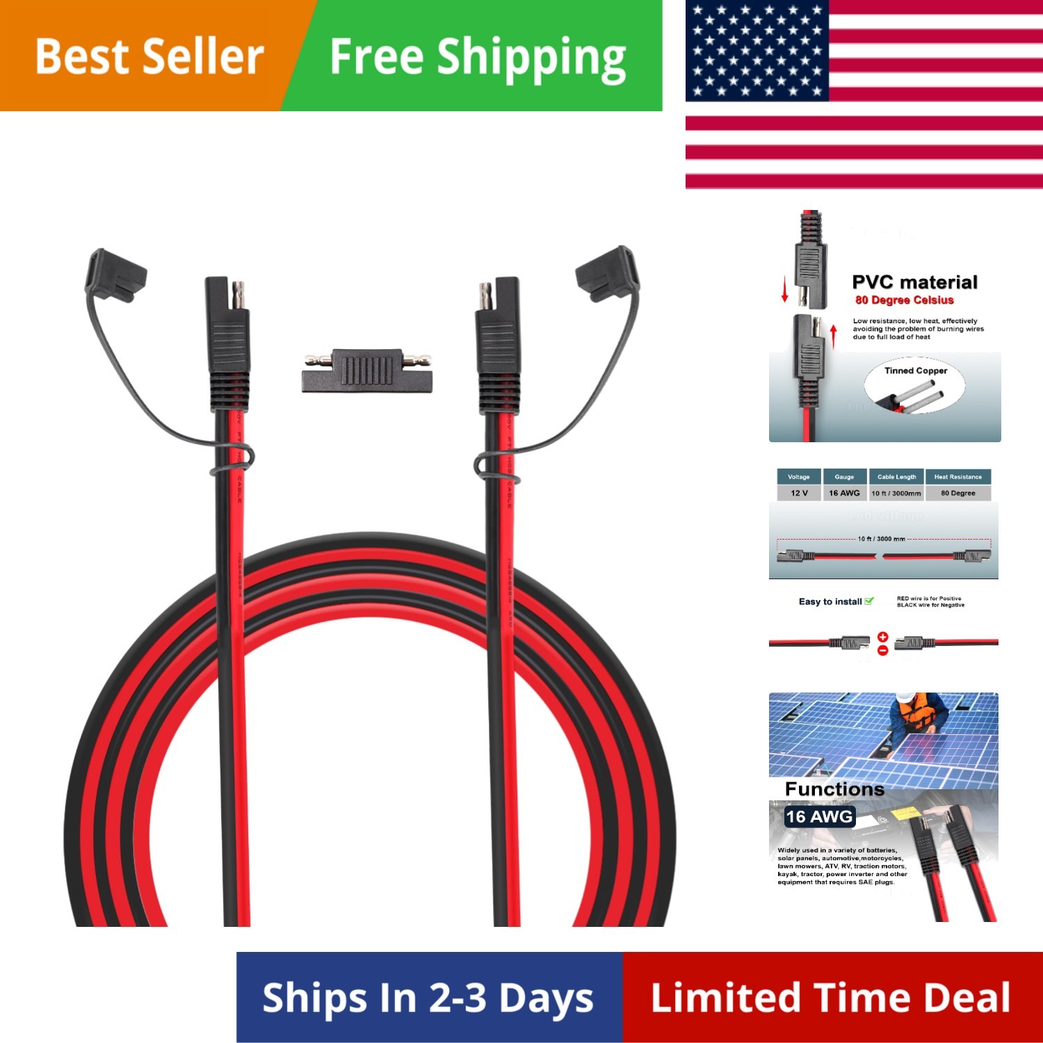2 FT 10FT Extension Cable Copper 16GA Waterproof Quick Connect with Fuse