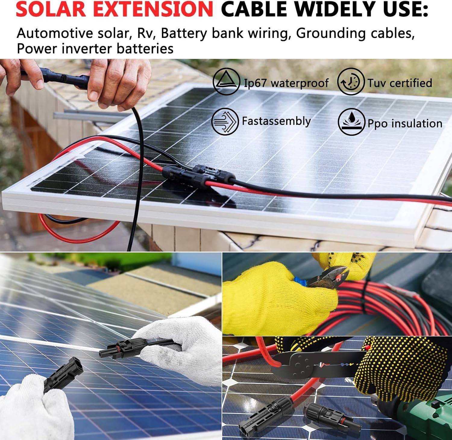 Reliable 2x30ft Solar Panel Extension Cable – 10AWG, Waterproof, UV-Resistant