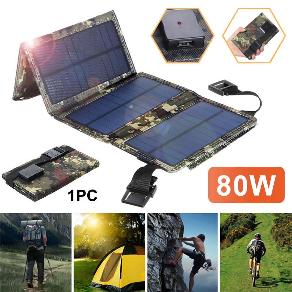 80W USB Solar Panel Folding Power Bank Outdoor Camping Hiking Phone Charger NEW