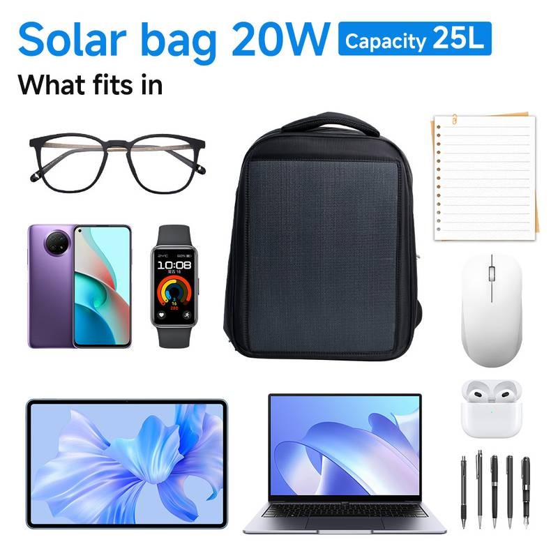 20W Solar Backpack 5V 3A Type C & Type A Charger for Camping Trip Hiking Black