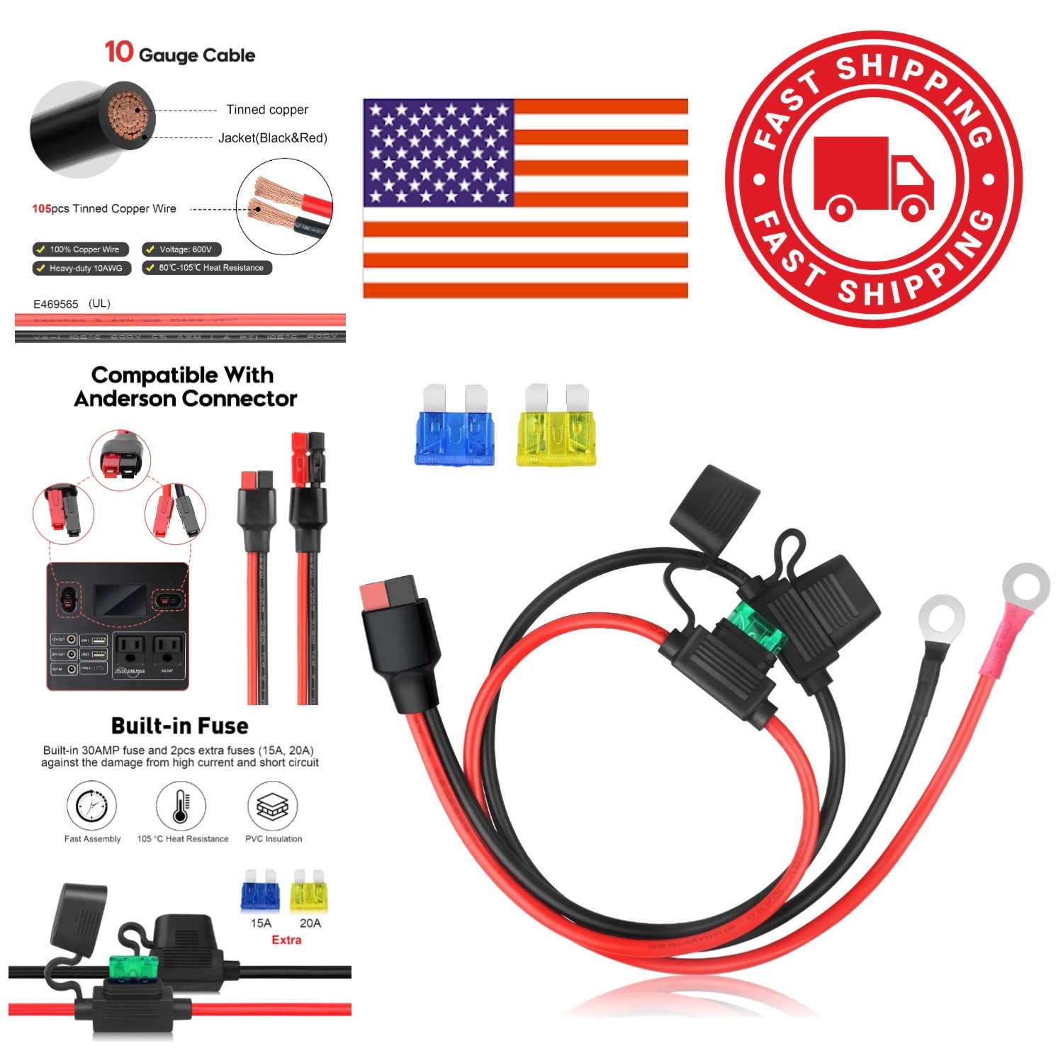 Heavy Duty 10AWG O Ring Terminal Cable with Fuse for Battery Charging 2Ft