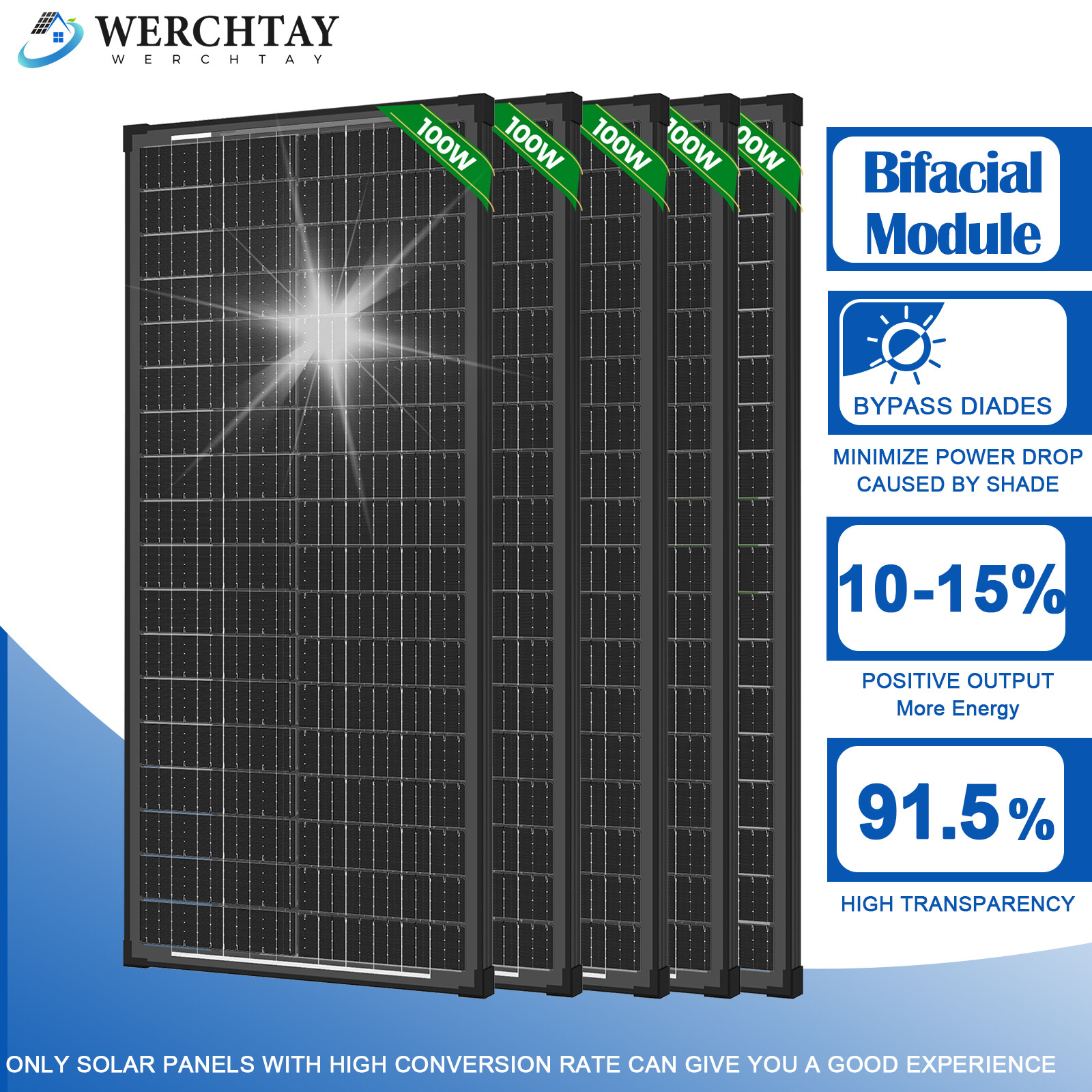 Werchtay 100W 200W 300W 400W 500-1000W Bifacial Solar Panel 12V Mono Home Power