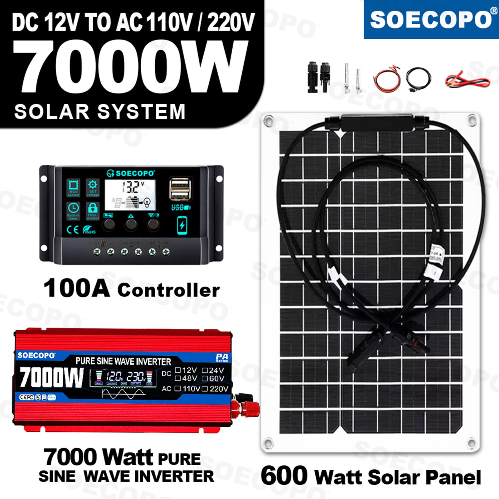 7000W Solar System Kit 100A Controller DC12V to AC110/220V Flexible Panel