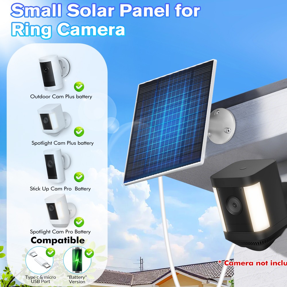 Solar Panel For CCTV Security Camera Micro USB Type-C Port Charger Outdoor 5W 5V