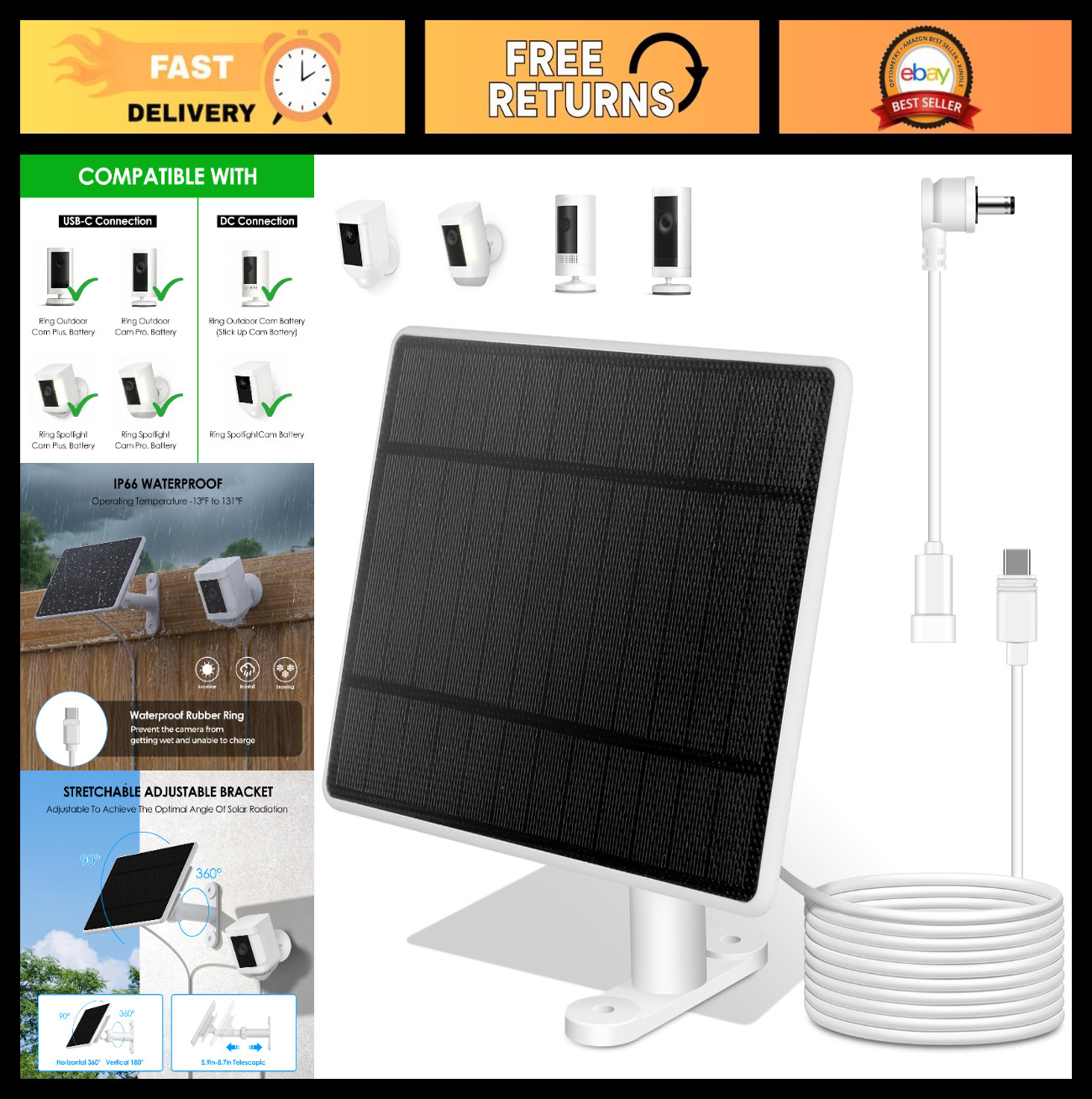 6W Solar Charger for Ring Stick Up Cam & Spotlight Cam, 360° Bracket, 10ft Cable