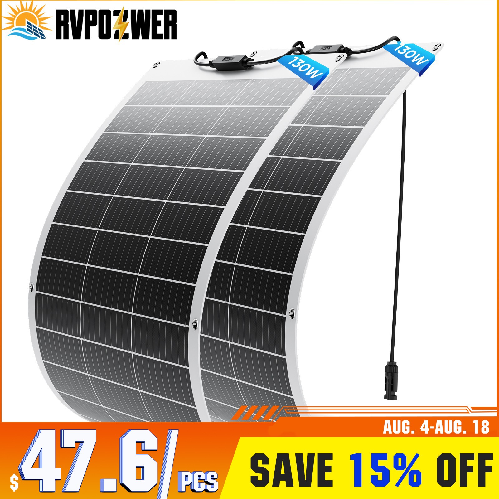 260W Watt Flexible Portable Mono Solar Panel 12V Car RV Rooftop Camping (130W*2)