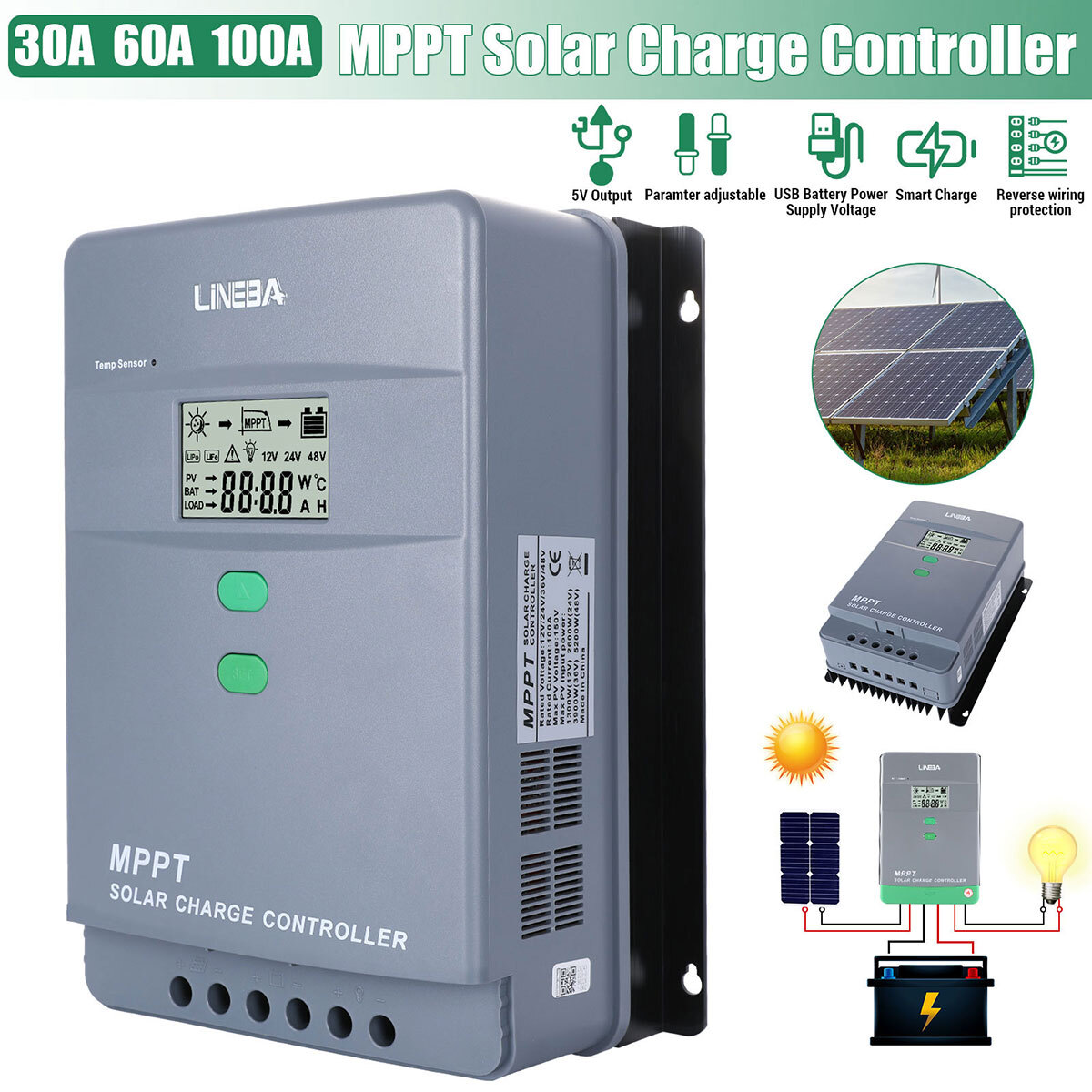 MPPT 100AMP 60A Solar Charge Controller For 12V 24V 36V 48V DC Battery Regulator