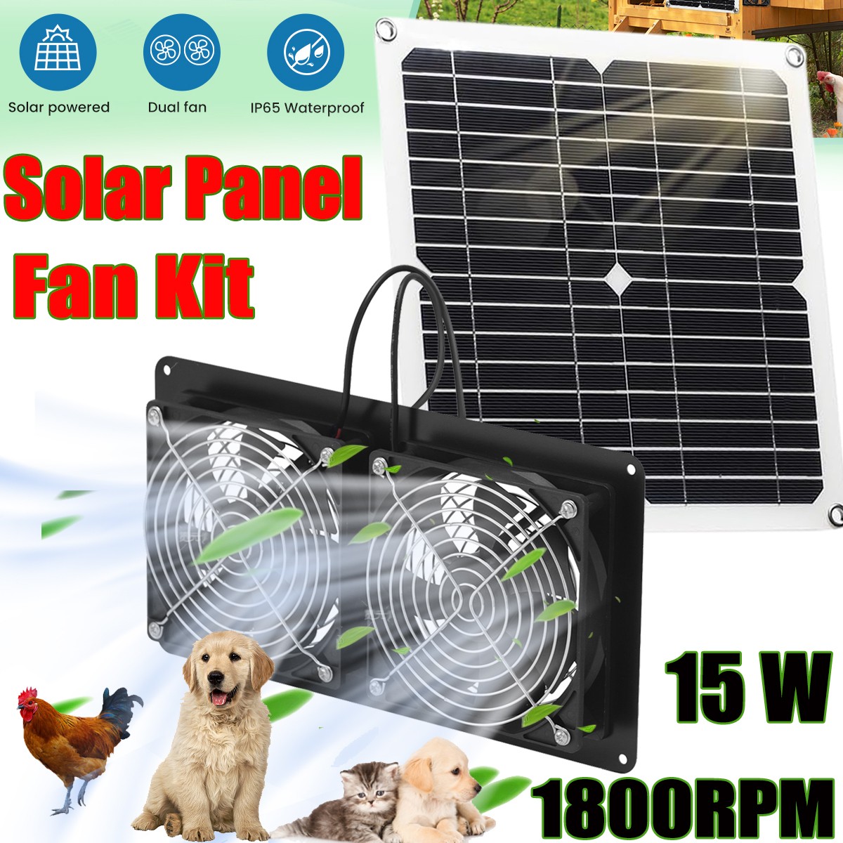 Waterproof 15W Solar Panel 1800RPM Silent Exhaust Fan Kit for Shed Chicken Coop