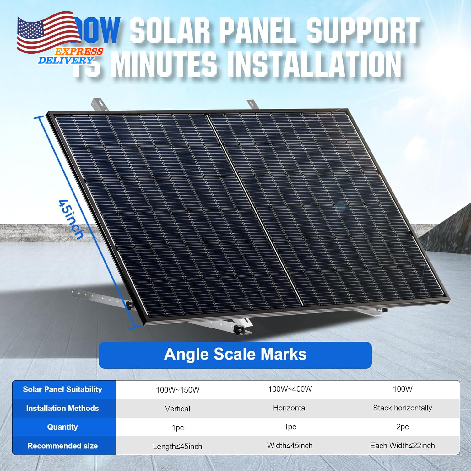 45″ Adjustable Solar Panel Tilt Mount Brackets with Foldable Tilt Legs 4 Sets US