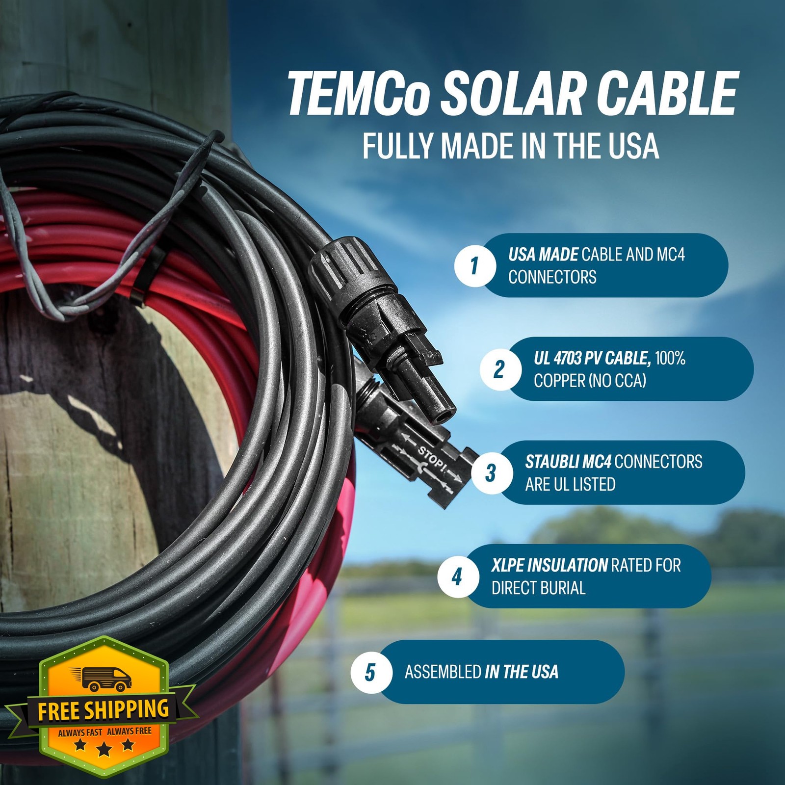 TEMCo Solar Extension Cable 100Ft Red + 100Ft Black 12 AWG