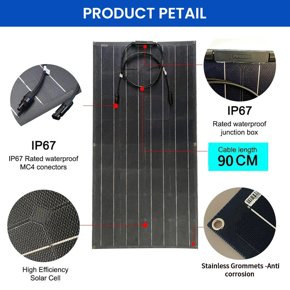 300W 12V Flexible Solar Panel Monocrystalline RV Boat Marine Off Grid Charger