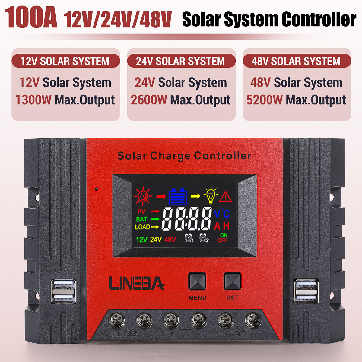 100A 12/24V 4USB Solar Panel Kit Regulator Charge Controller Auto Focus Tracking