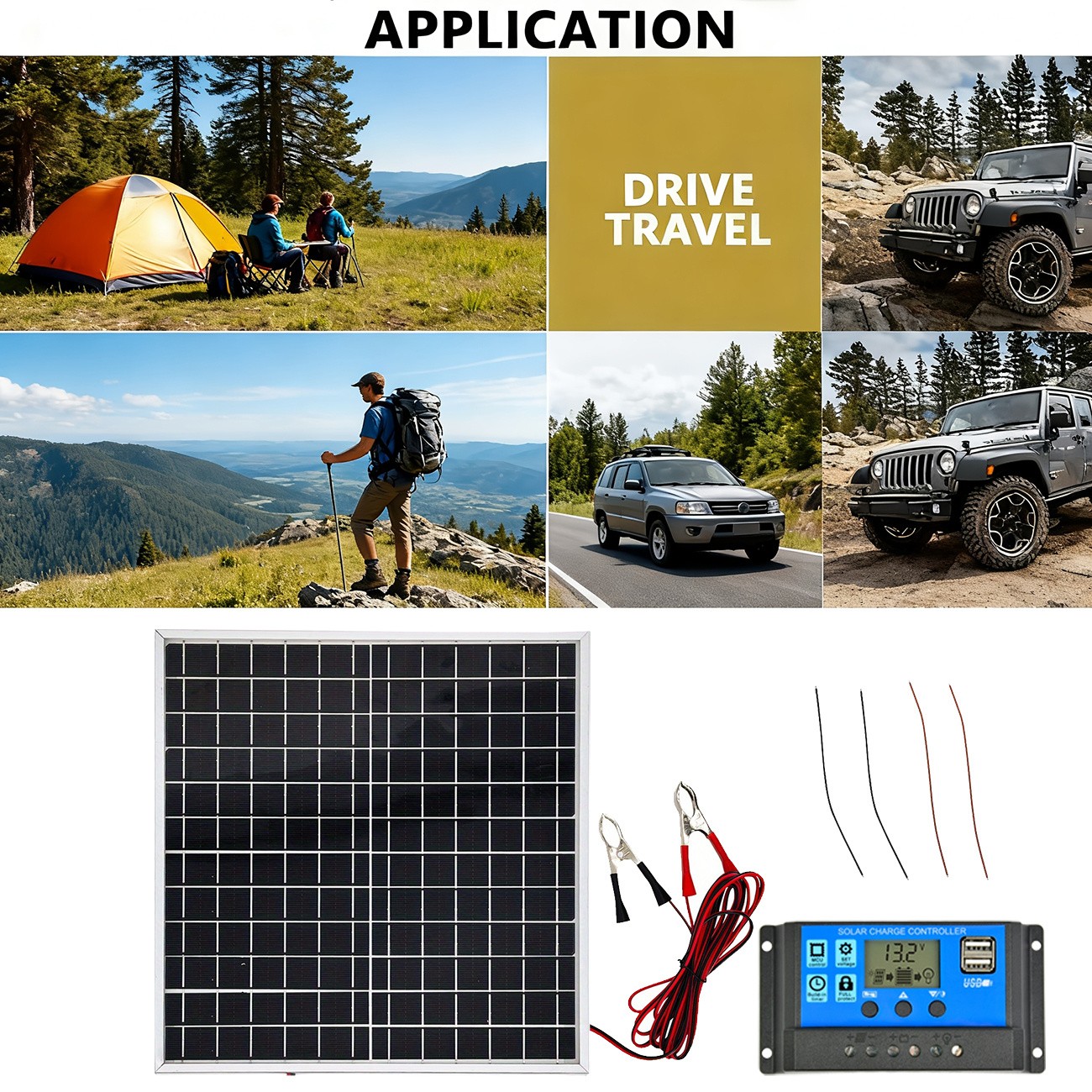 Solar panel kit with 100A charging controller and 18V USB port