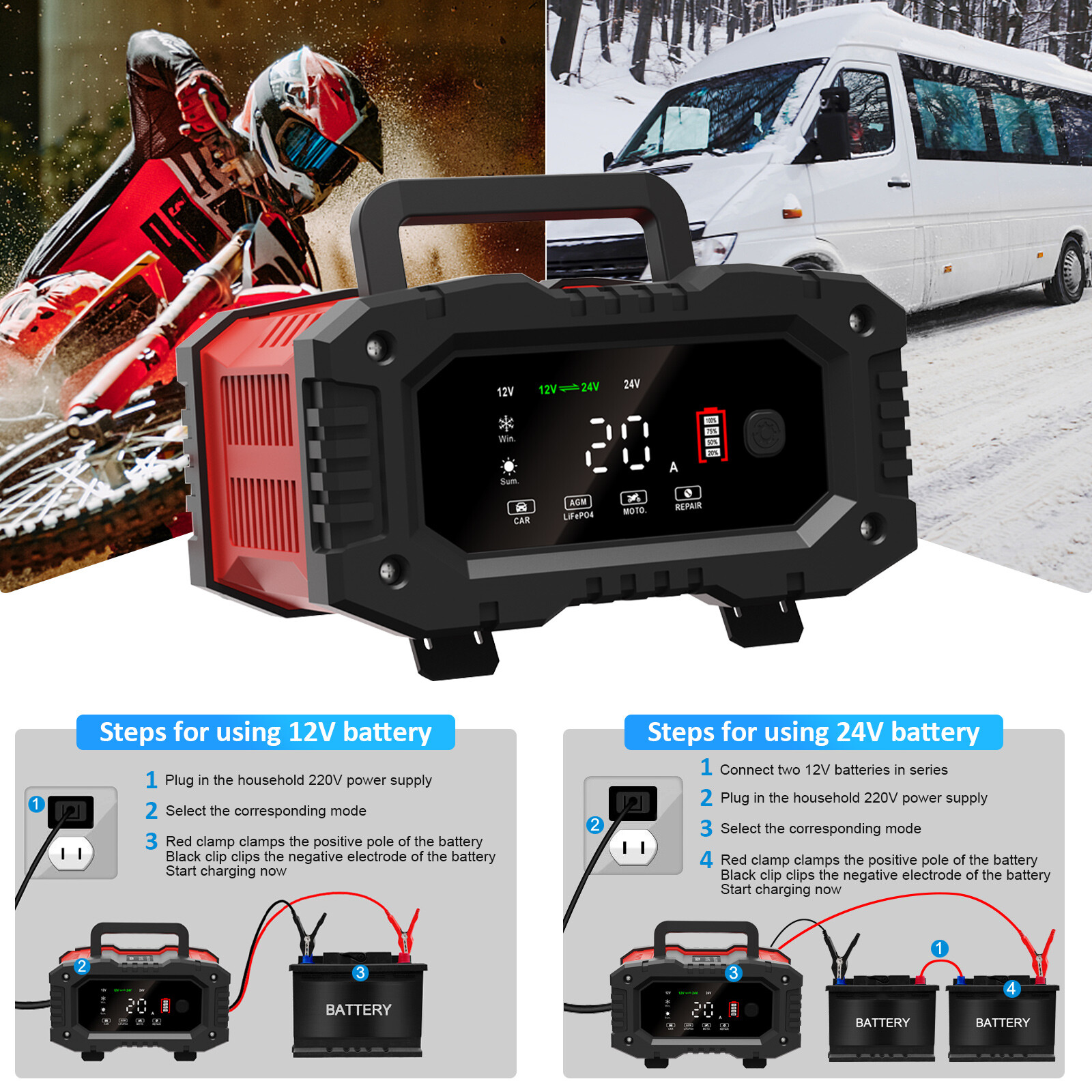 12V 120Ah LiFePO4 Lithium Battery BMS Deep Cycle 20A 24V Smart Battery Charger
