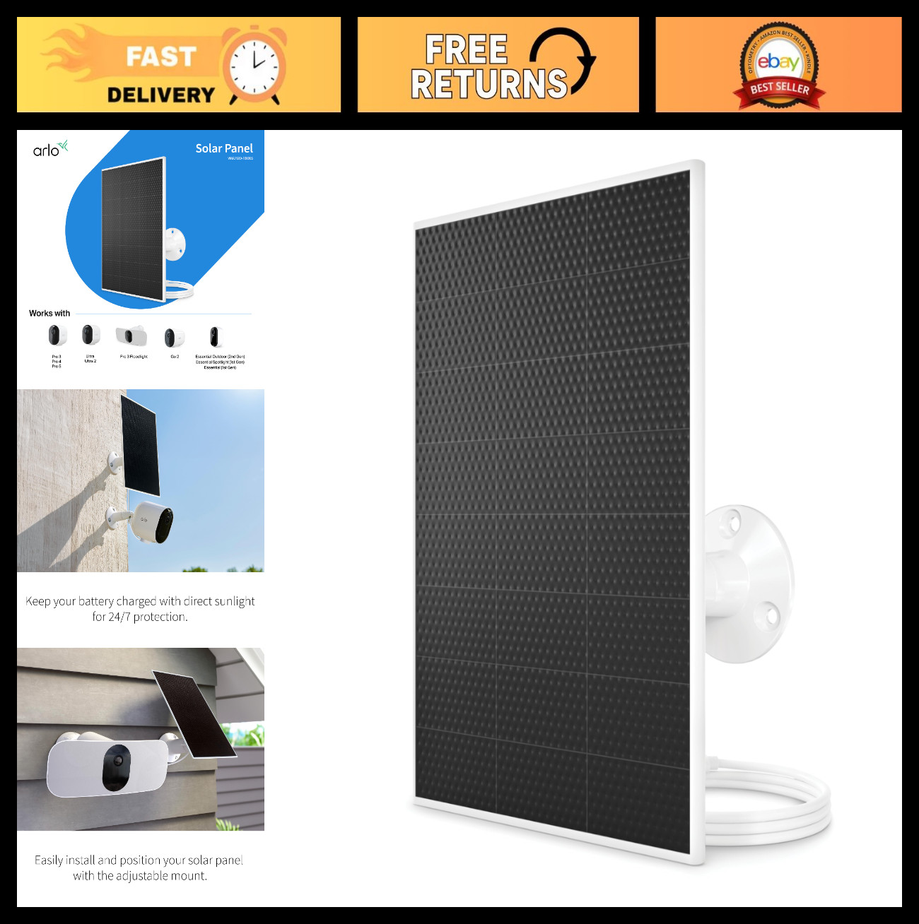 Solar Panel Charger for Arlo Cameras – Weather Resistant, Easy Install, Compatib