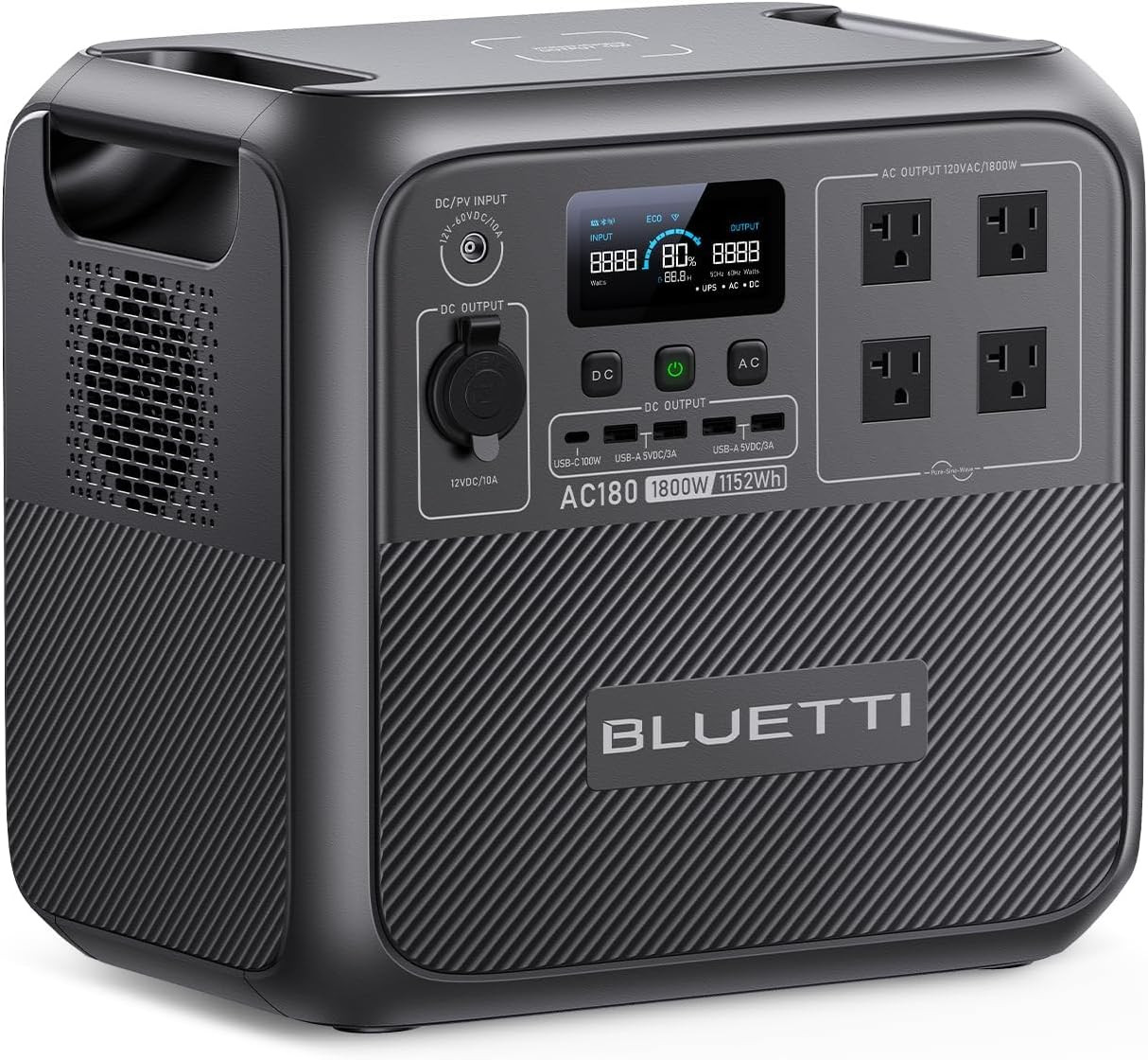 BLUETTI Portable Power Station AC180, 1152Wh Lifepo4 Battery Backup W/ 2 1800W (