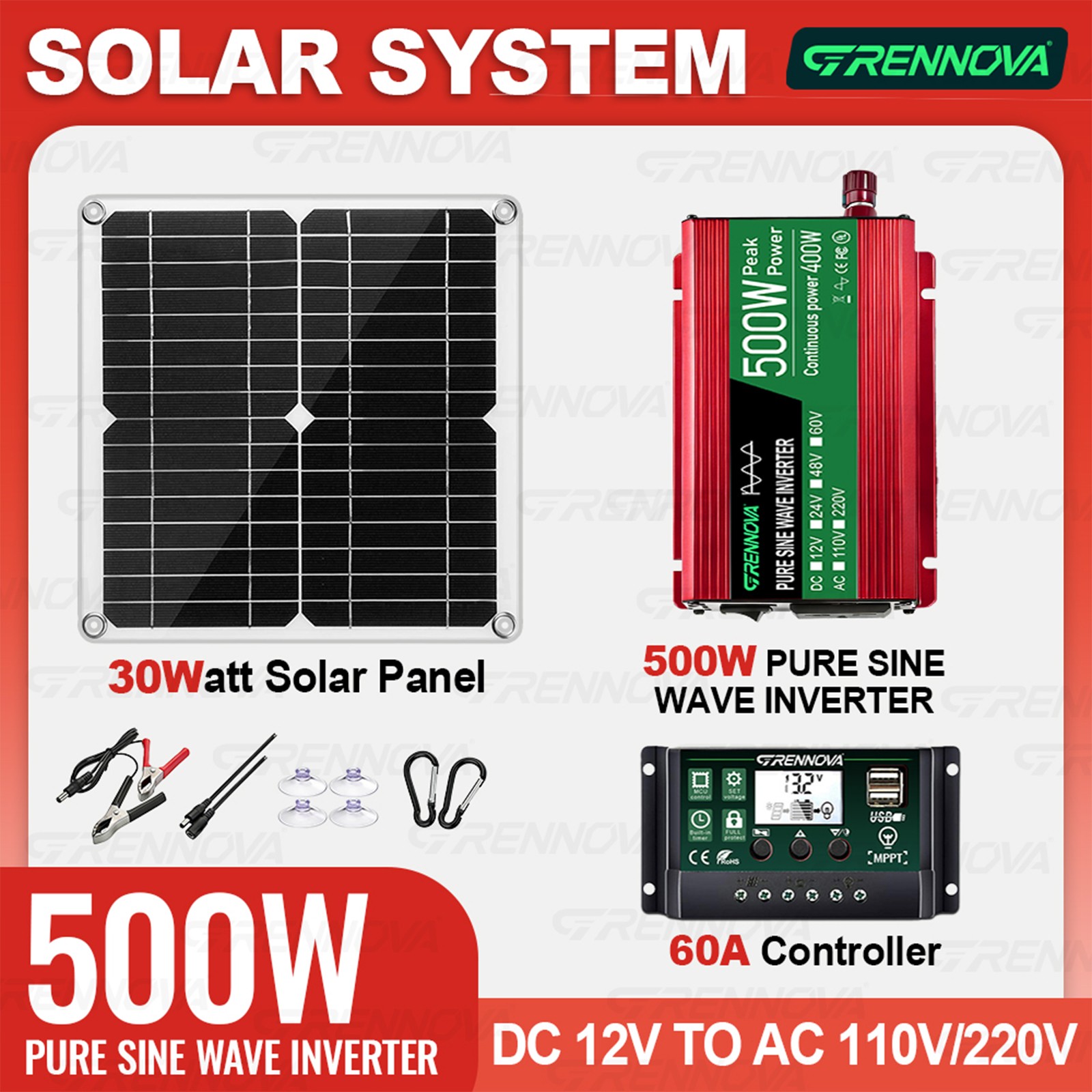 Grennova 500W Pure Sine Solar Kit 60A MPPT RV Home Off-Grid Power