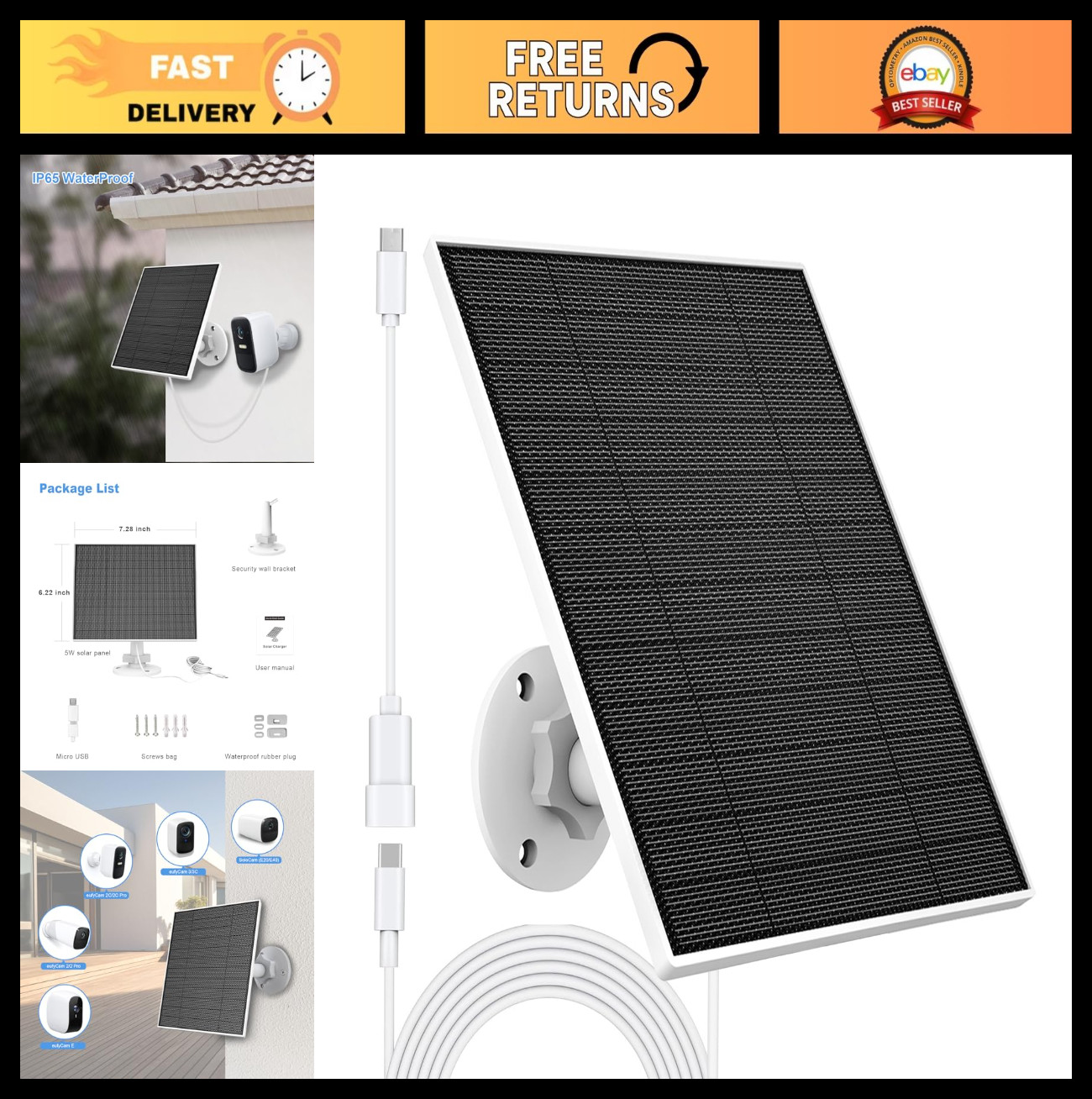 5W Solar Panel Charger for Outdoor Cameras, IP65 Waterproof, 9.8ft Cable, Adjust