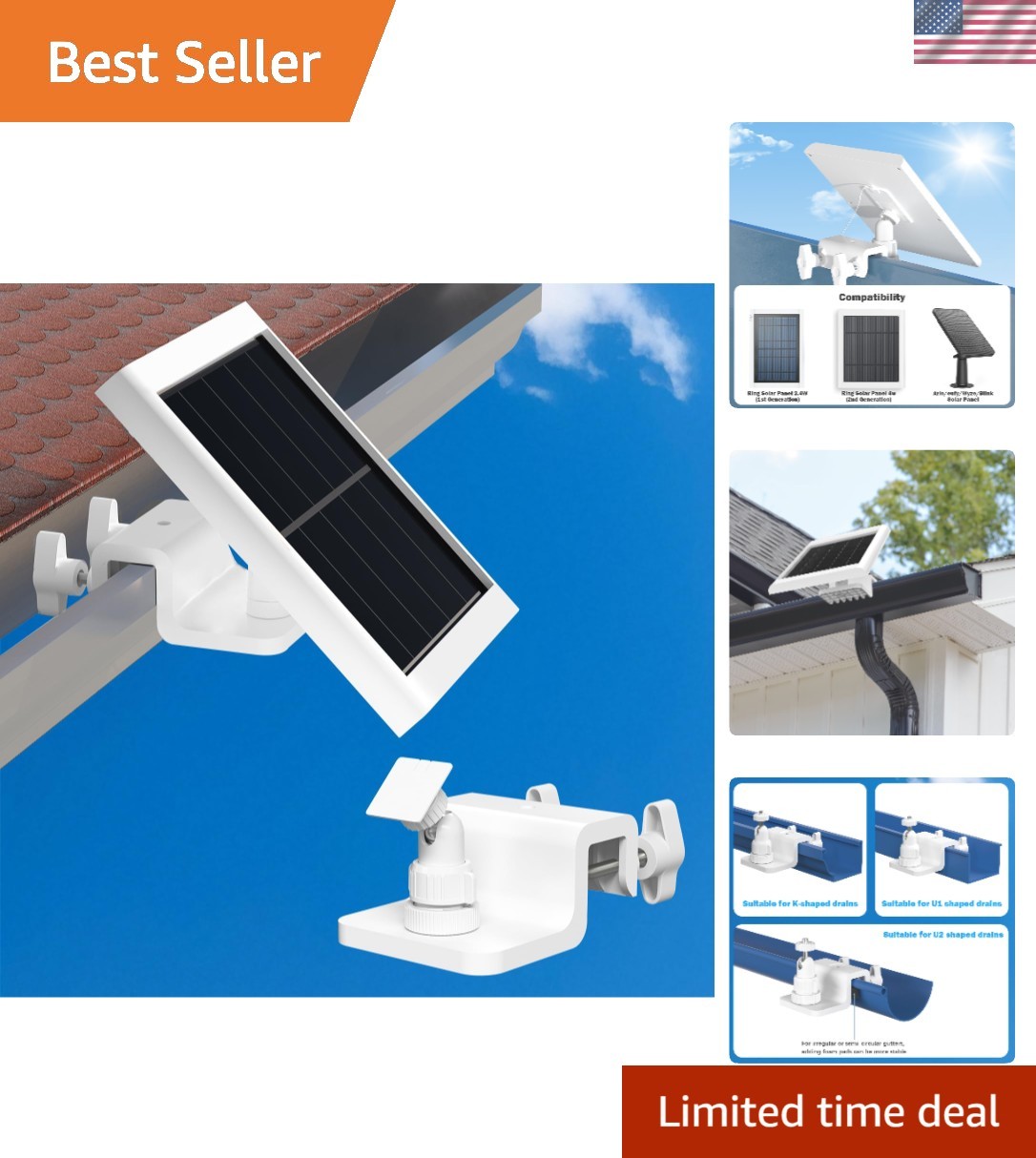 Gutter Mount Compatible for Ring Solar Panel, 360°Adjustable Universal Solar …