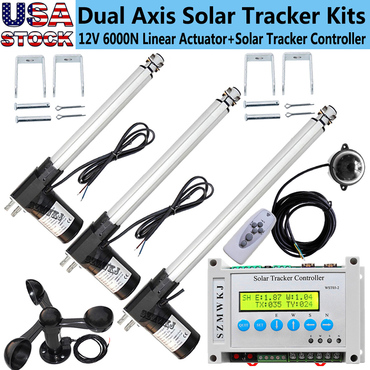 6000N Dual Axis Solar Panel Tracker Controller W/ Linear Actuator Anemometer Kit