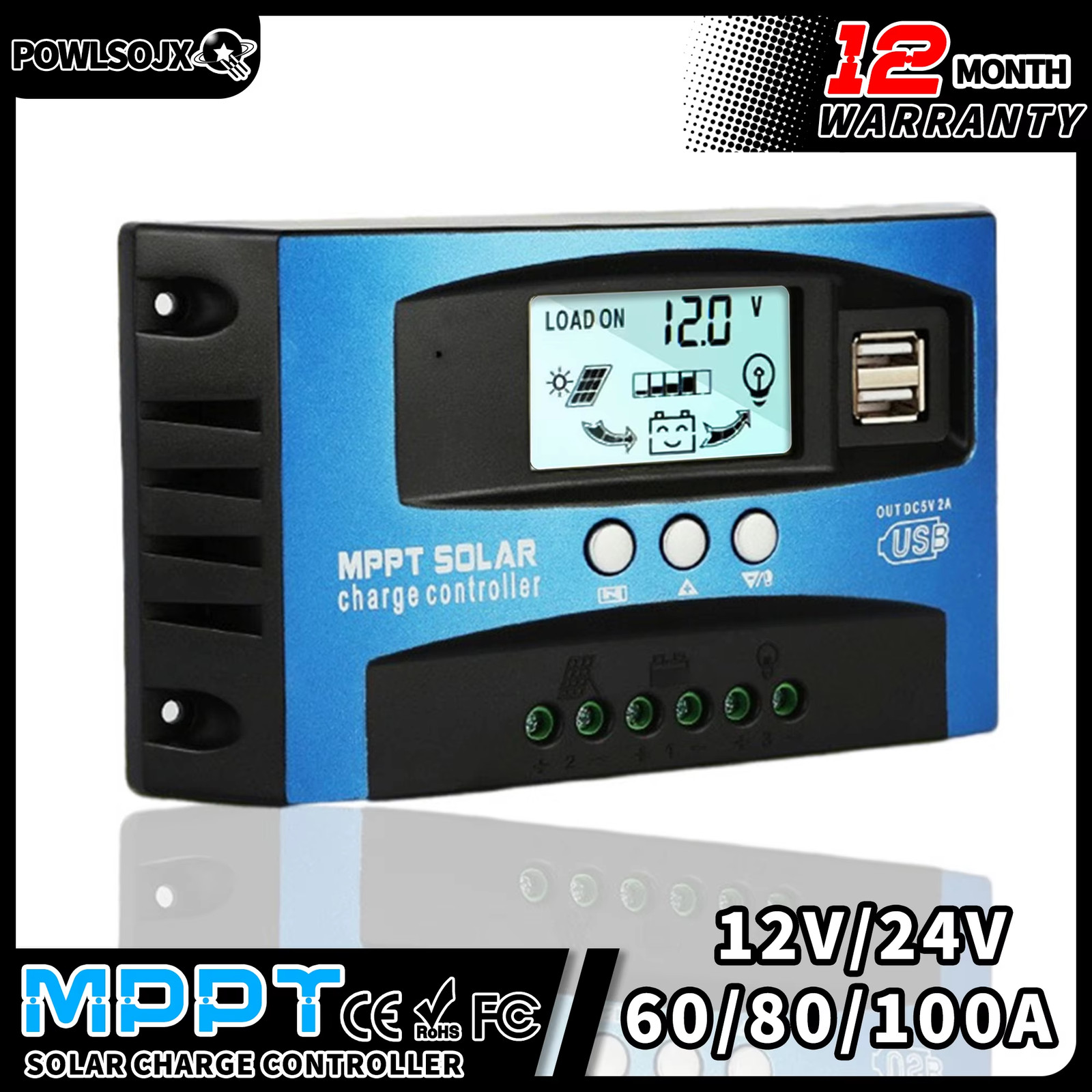 60/80/100A Solar Charge Controller 12V 24V Dual USB LCD Display Auto Cell Panel