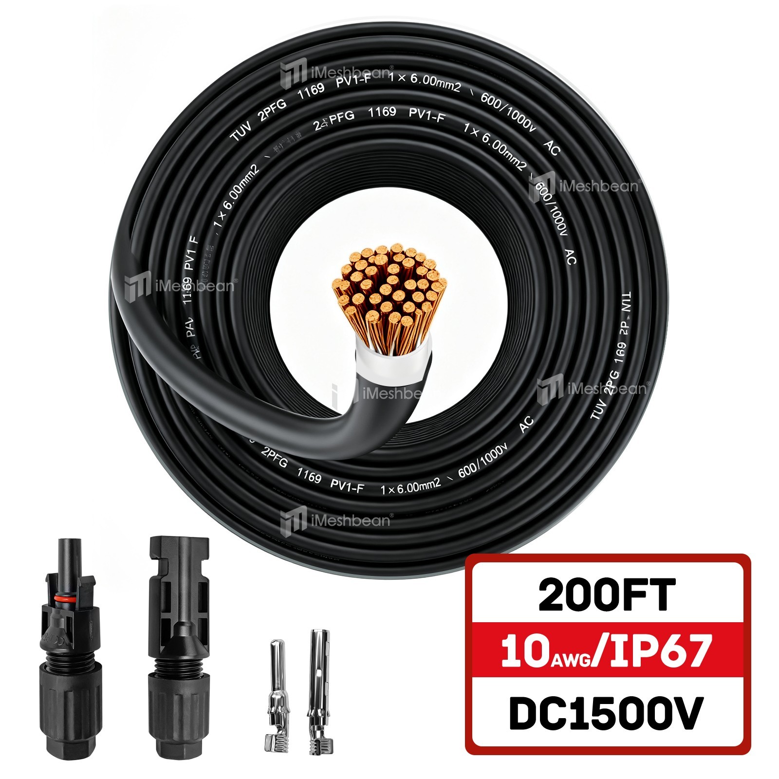 10AWG 200FT Black Solar Panel Extension Cable Female & Male Solar Connector 6mm²