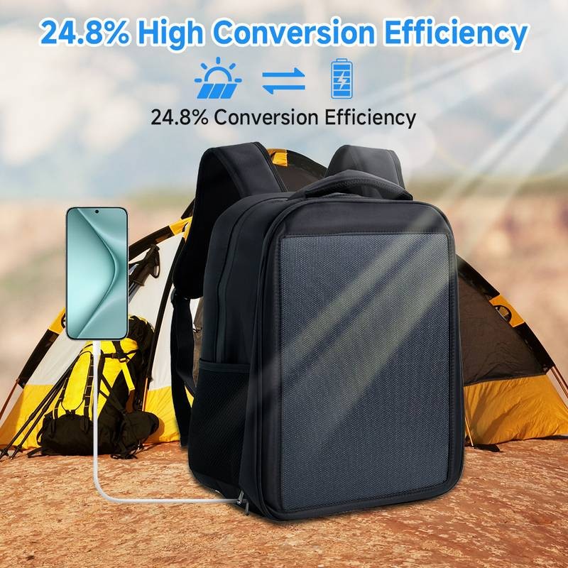 20W Solar Backpack 5V 3A Type C & Type A Charger for Camping Trip Hiking Black