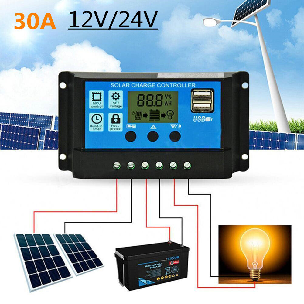 30A Solar Panel Battery Regulator Charge Controller 12V/24V w/Dual USB LCD US