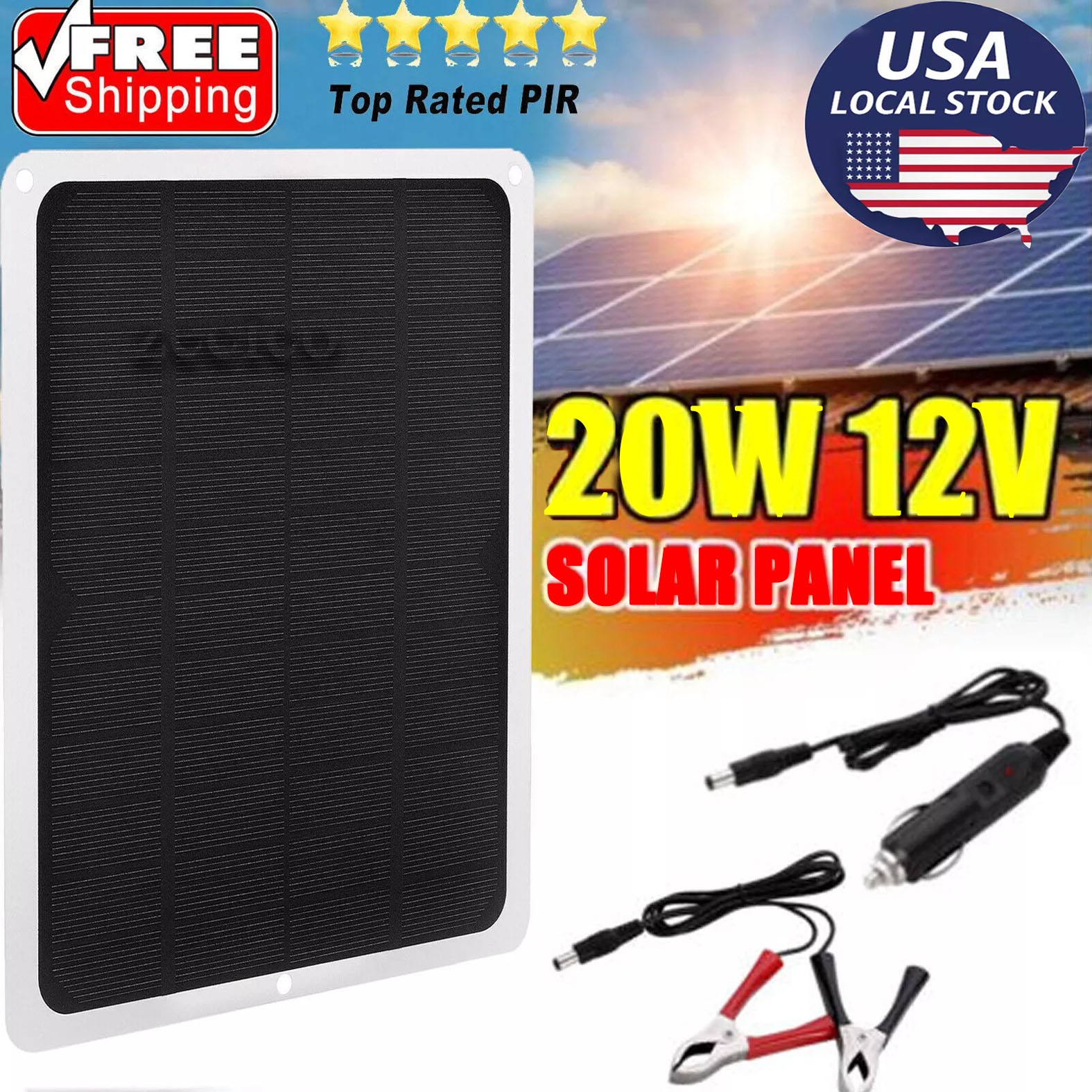 20W Solar Panel Trickle Charge Battery Charger 12V Maintainer Marine RV Car