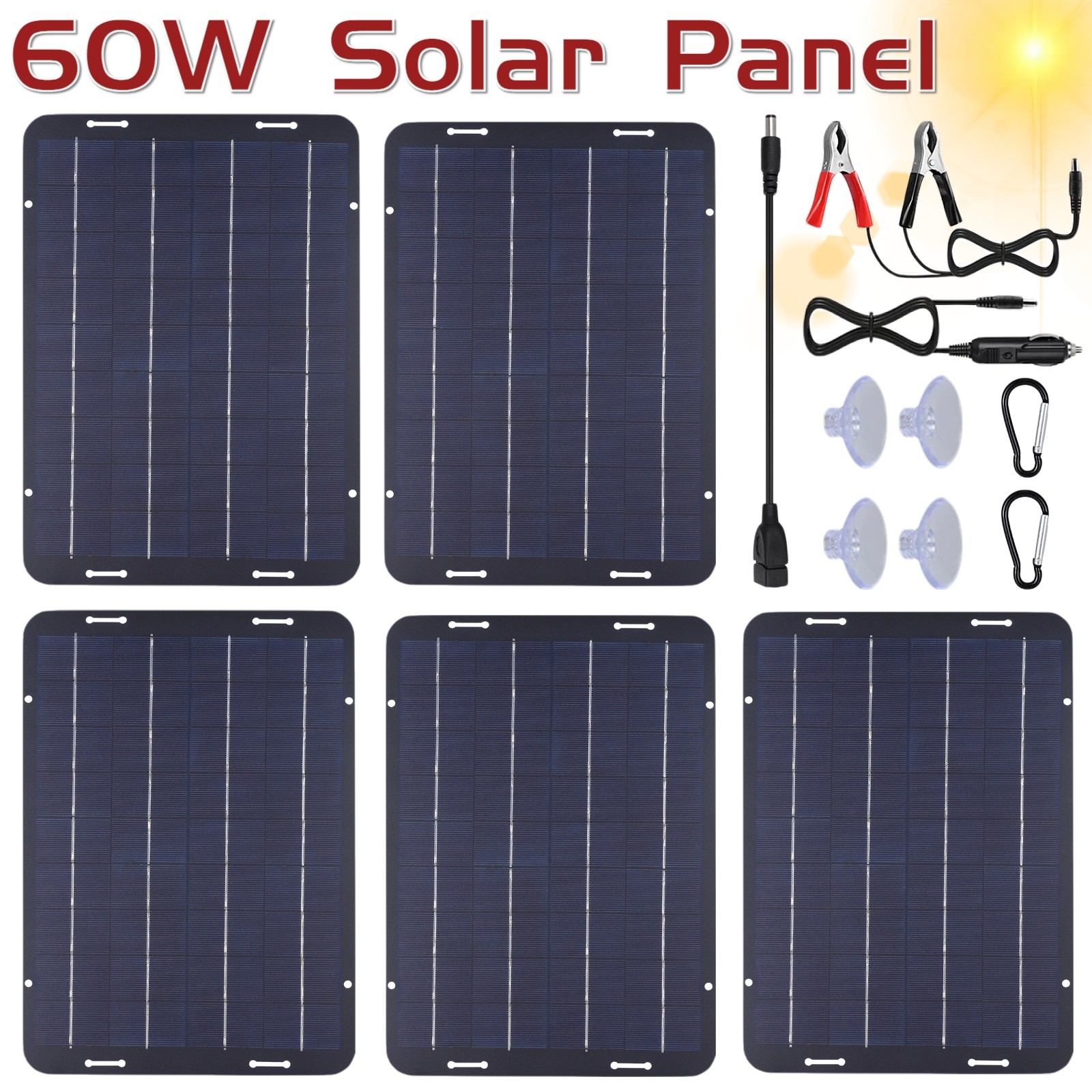 60W Solar Panel 12V Trickle Charger Battery Charger Kit Maintainer Boat Car RV