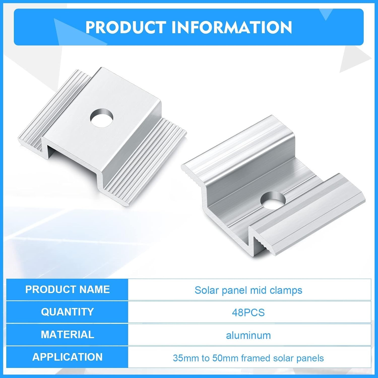 48 Count Solar Panel Mid Clamps – Rust-Resistant Aluminum for Long-Lasting Use