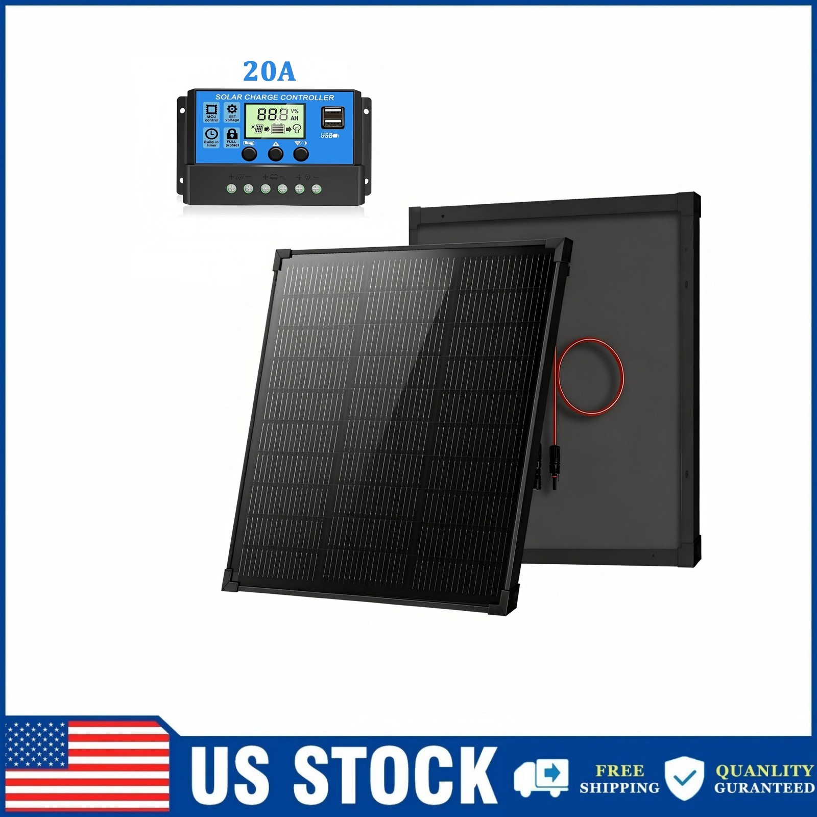 50W N-Type Mono Solar Panel Kit Off-Grid Home RV Battery Roof Boat Camping US