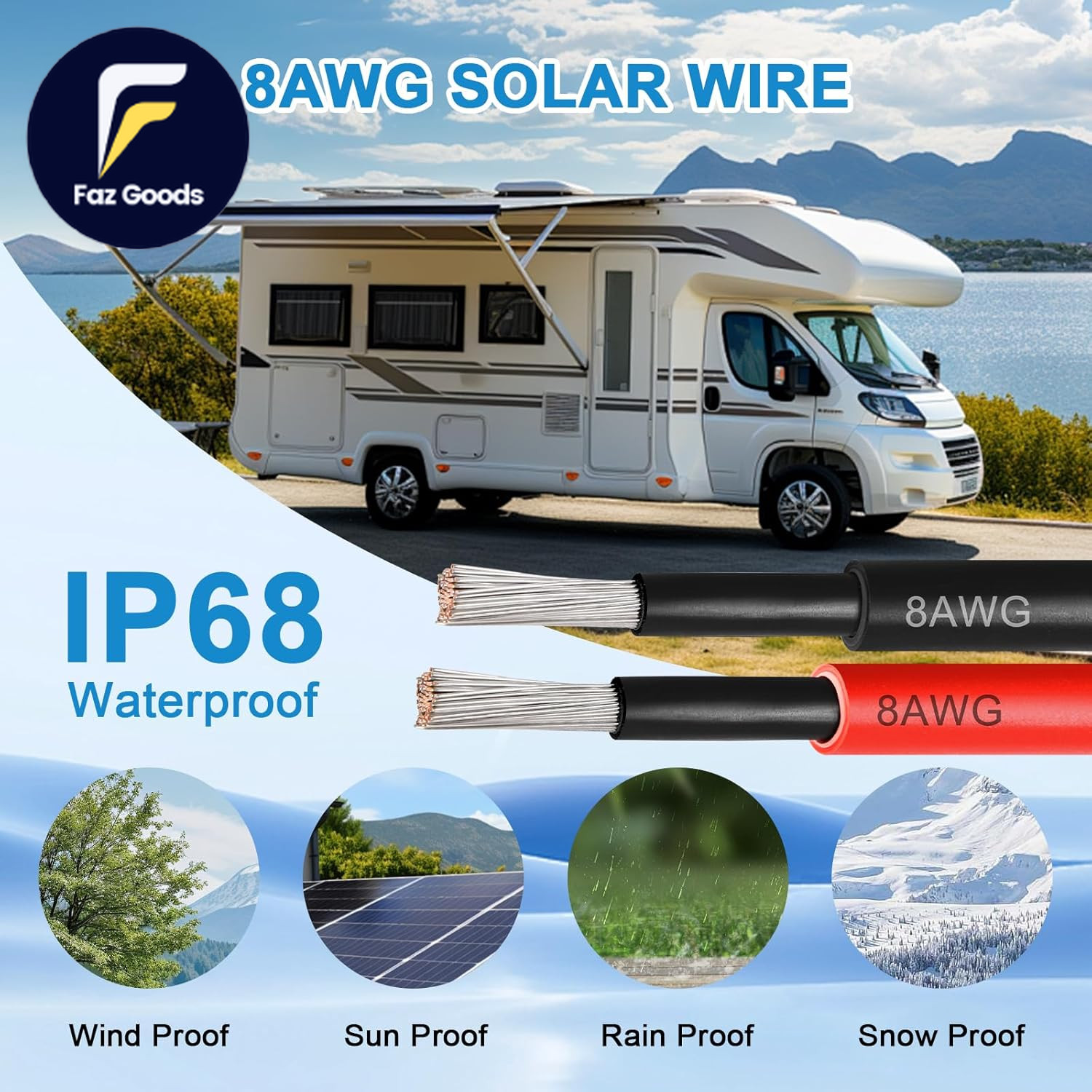 Solar Pane Wire 8 AWG – Solar Extension Cable 200Ft Black & 200Ft Red 8 Gauge