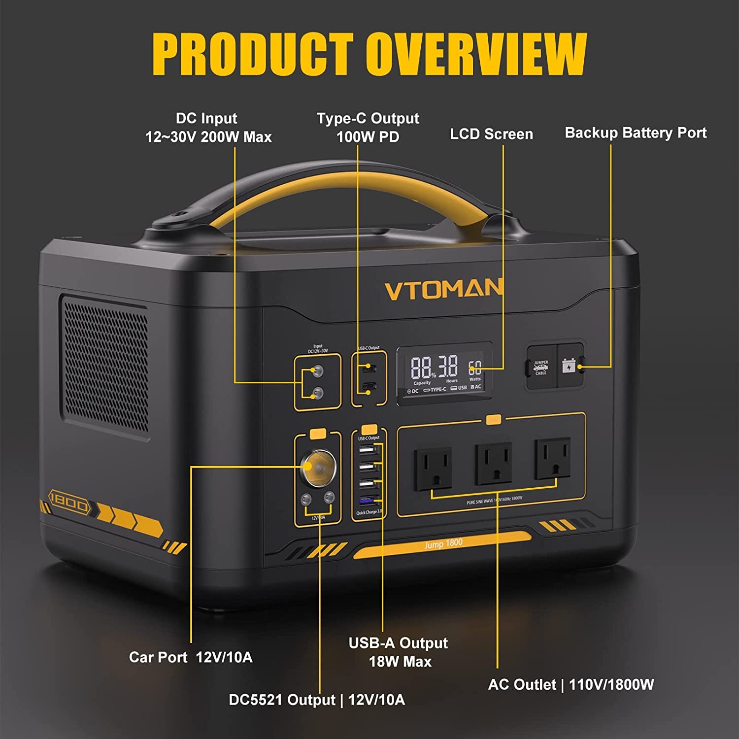 VTOMAN Jump 1800 Portable Power Station 1800W/1548Wh LiFePO4 Battery Generator